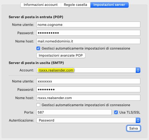 osx mail - Account - Impostazioni server